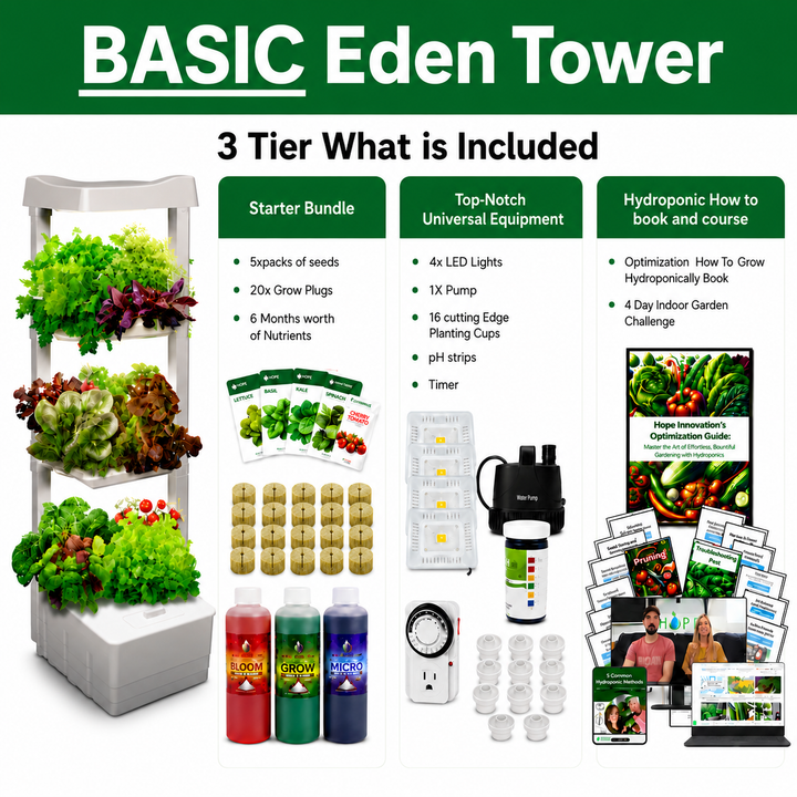 Here is a 3 teir basic hydroponic eden tower system and what is included, starter bundle, seeds, grow plugs, nutrients, all equipment, grow lights, pump, timer and help