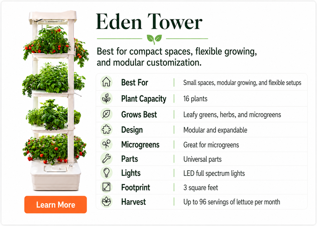 Eden Tower vertical garden system with OHana and text detailing features and benefits.