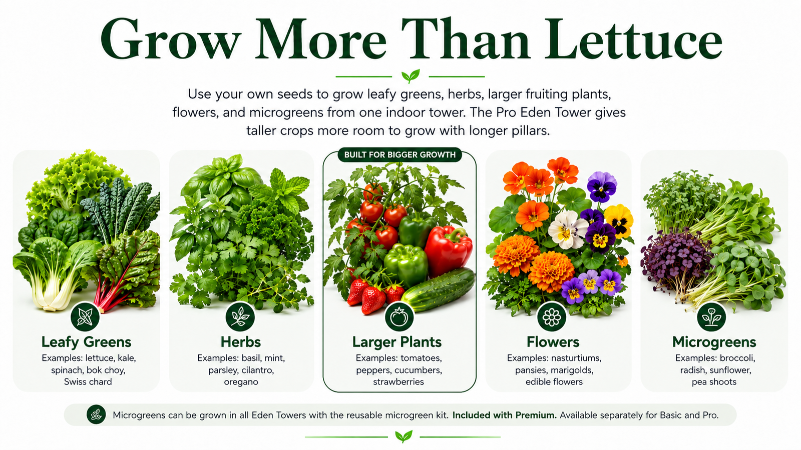 Listing what you can grow in the basic eden tower. Leafy greens like spinach, kale swiss chard, herbs like basil, mint parsley. Fruiting plants like tomatoes, cucumbers, strawberries and flowers like edible flowers and microgreens