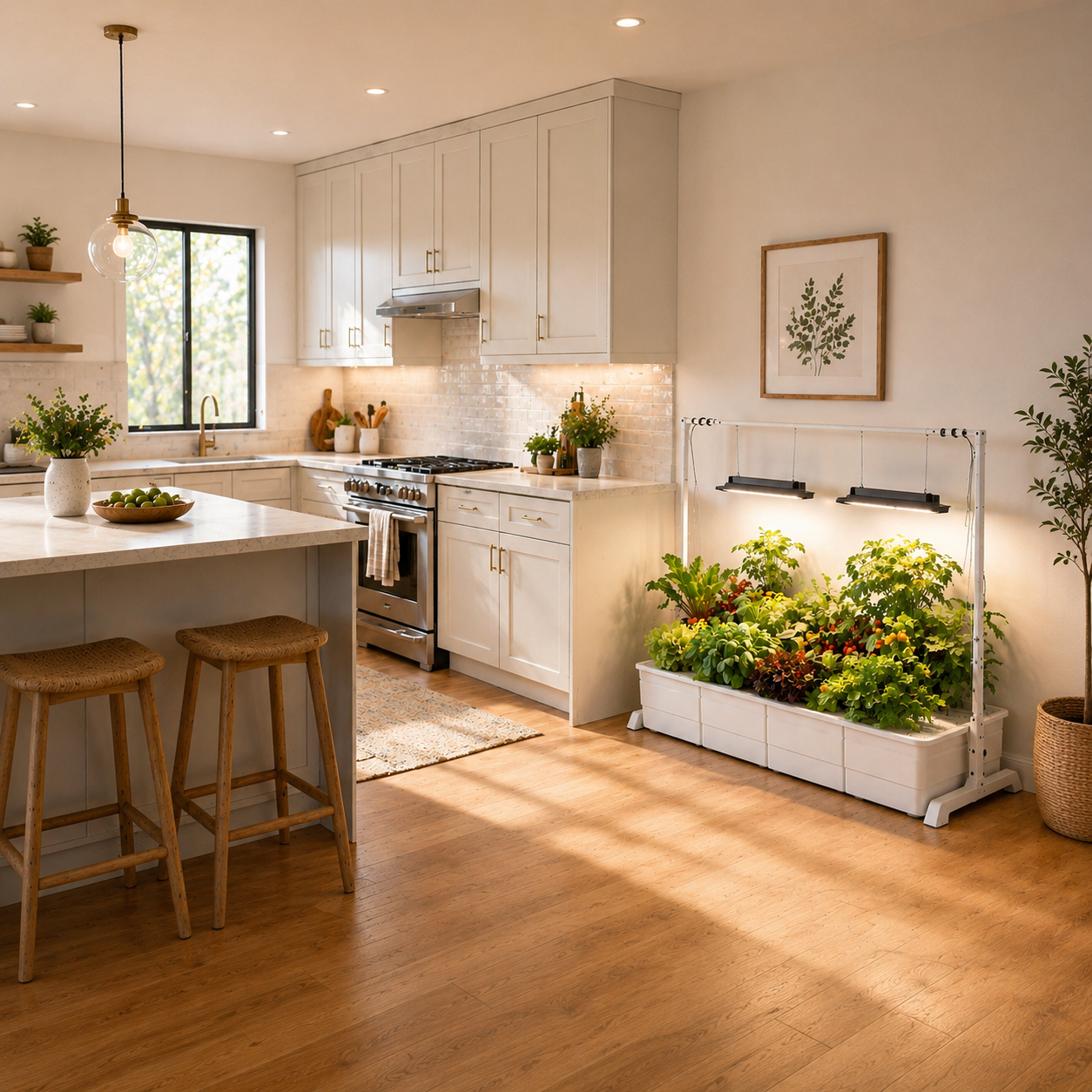 Modern kitchen with white cabinets, wooden floor, with a Ohana hydroponic system by Hope Innovations on the ground.