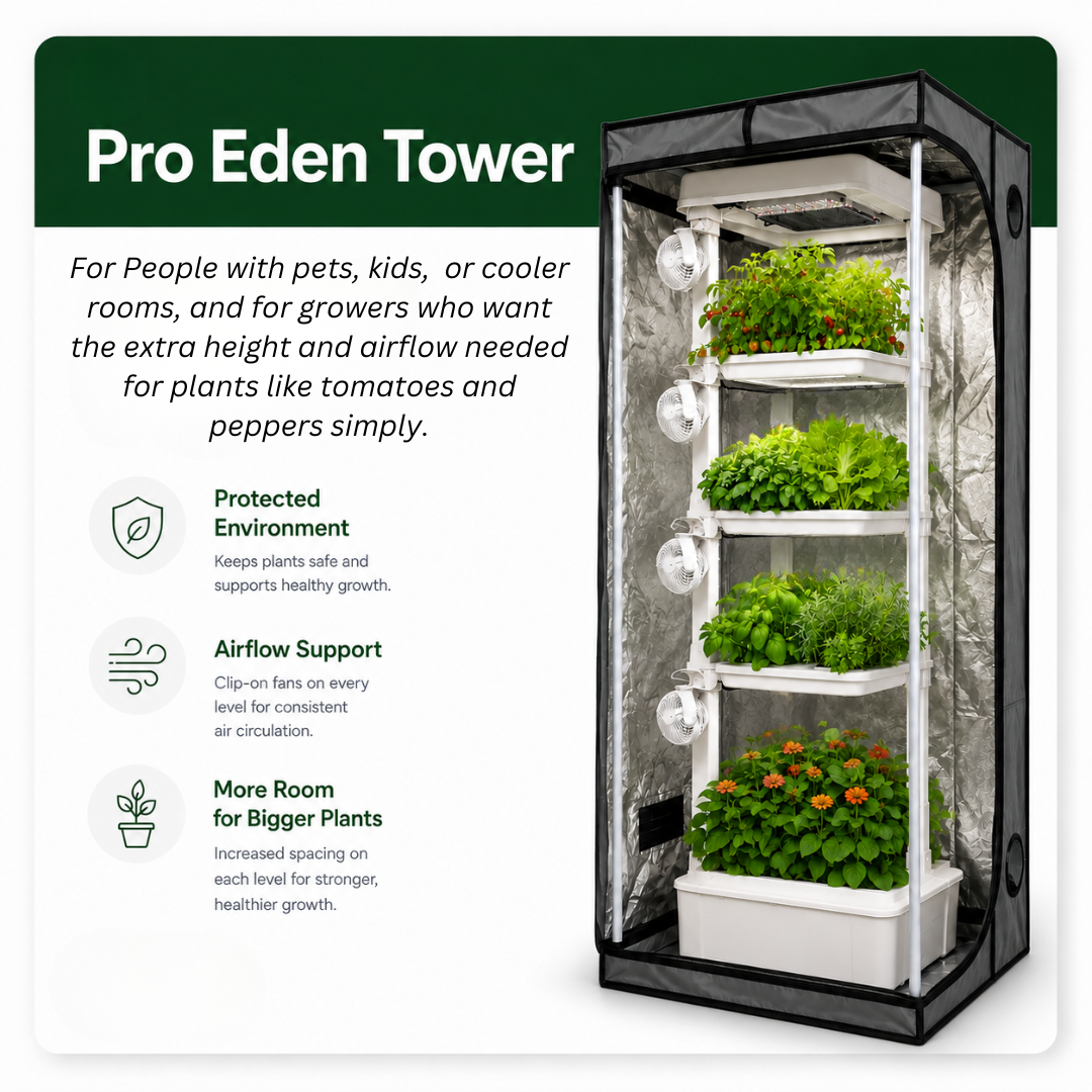 Pro Eden Tower indoor gardening system with plants on a white. What is included in it background