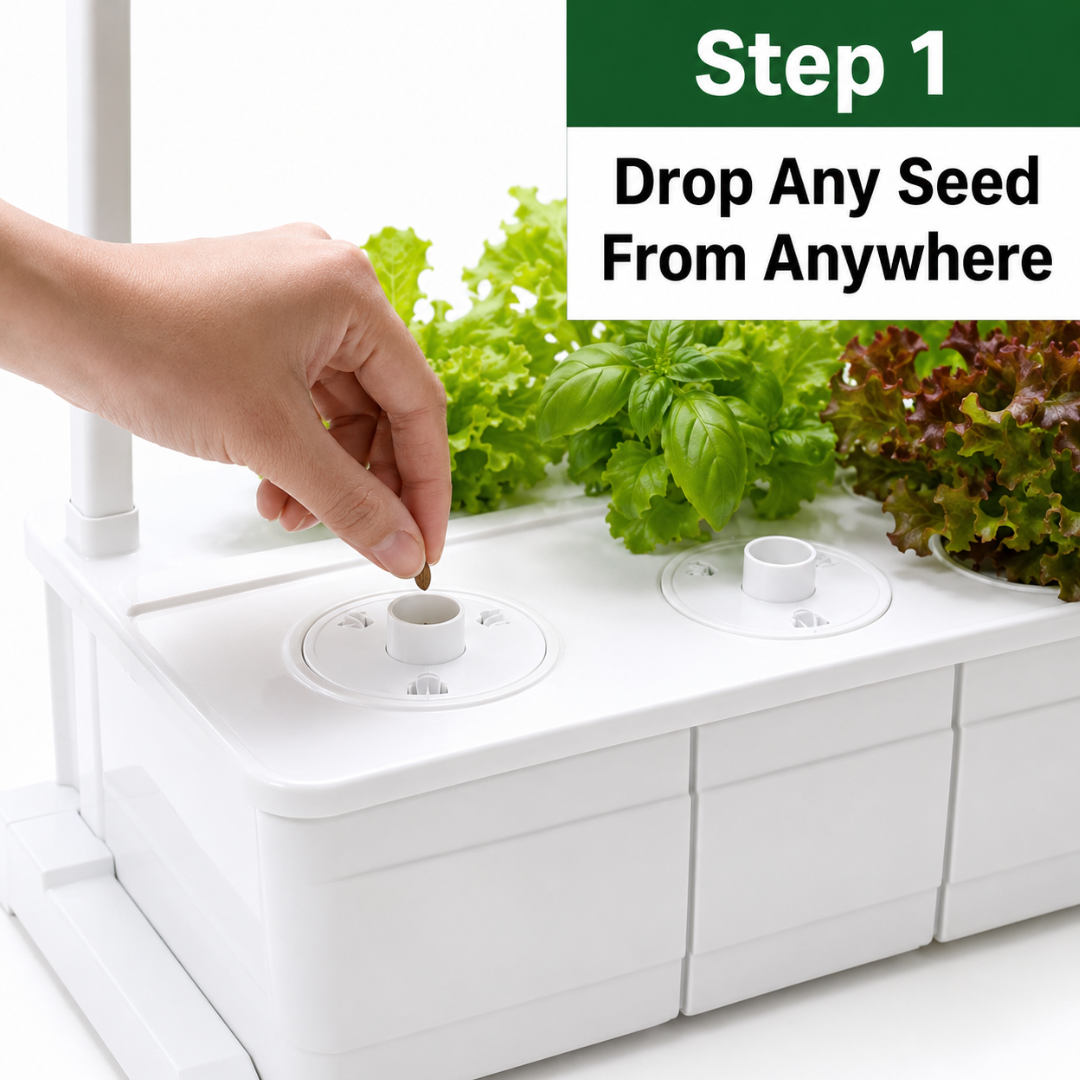 Hand dropping a seed into a white indoor garden system with text 'Step 1: Drop Any Seed From Anywhere'.