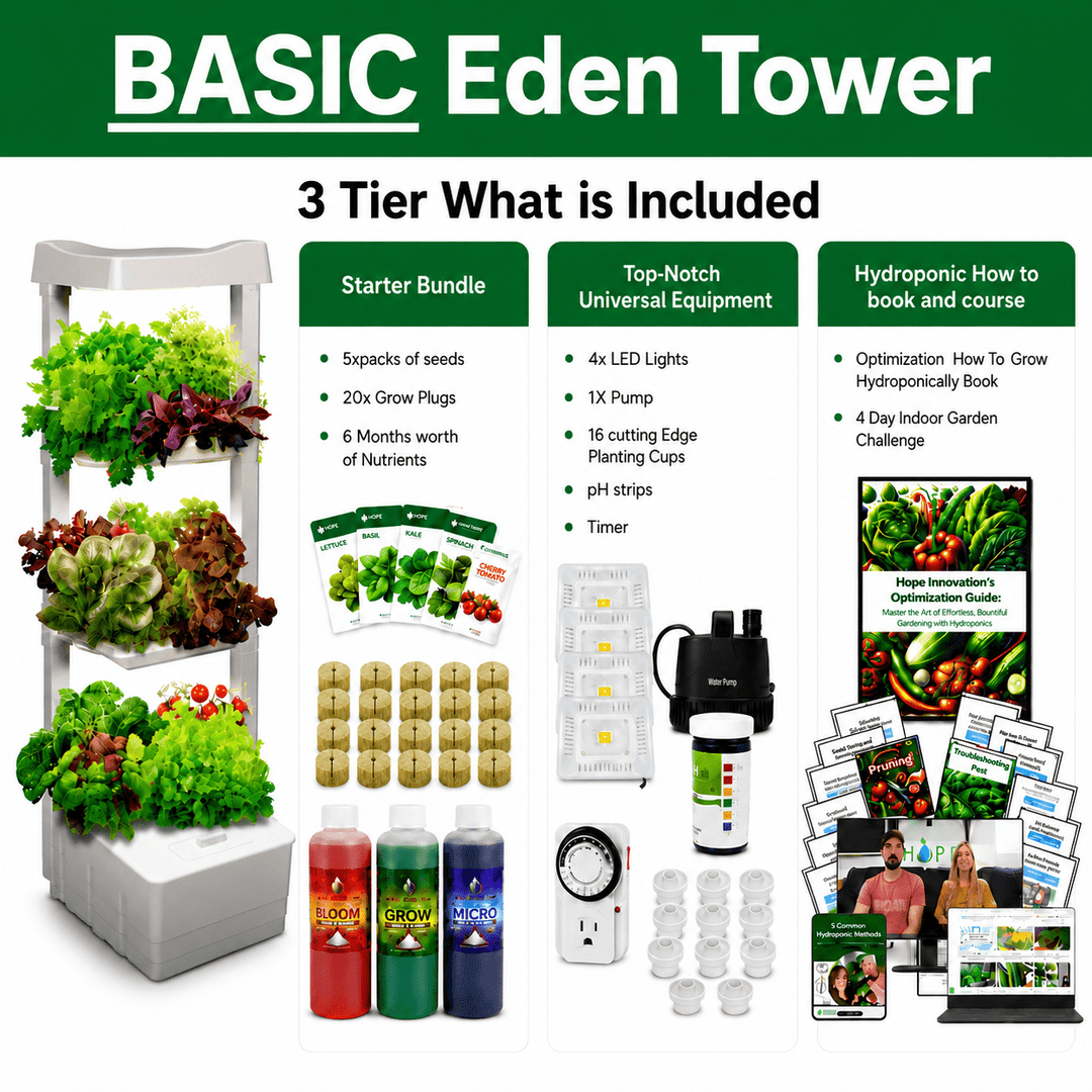 Basic Eden Tower what is included all growing supplies, equipment, lights, pumps and optimization guide and customer support