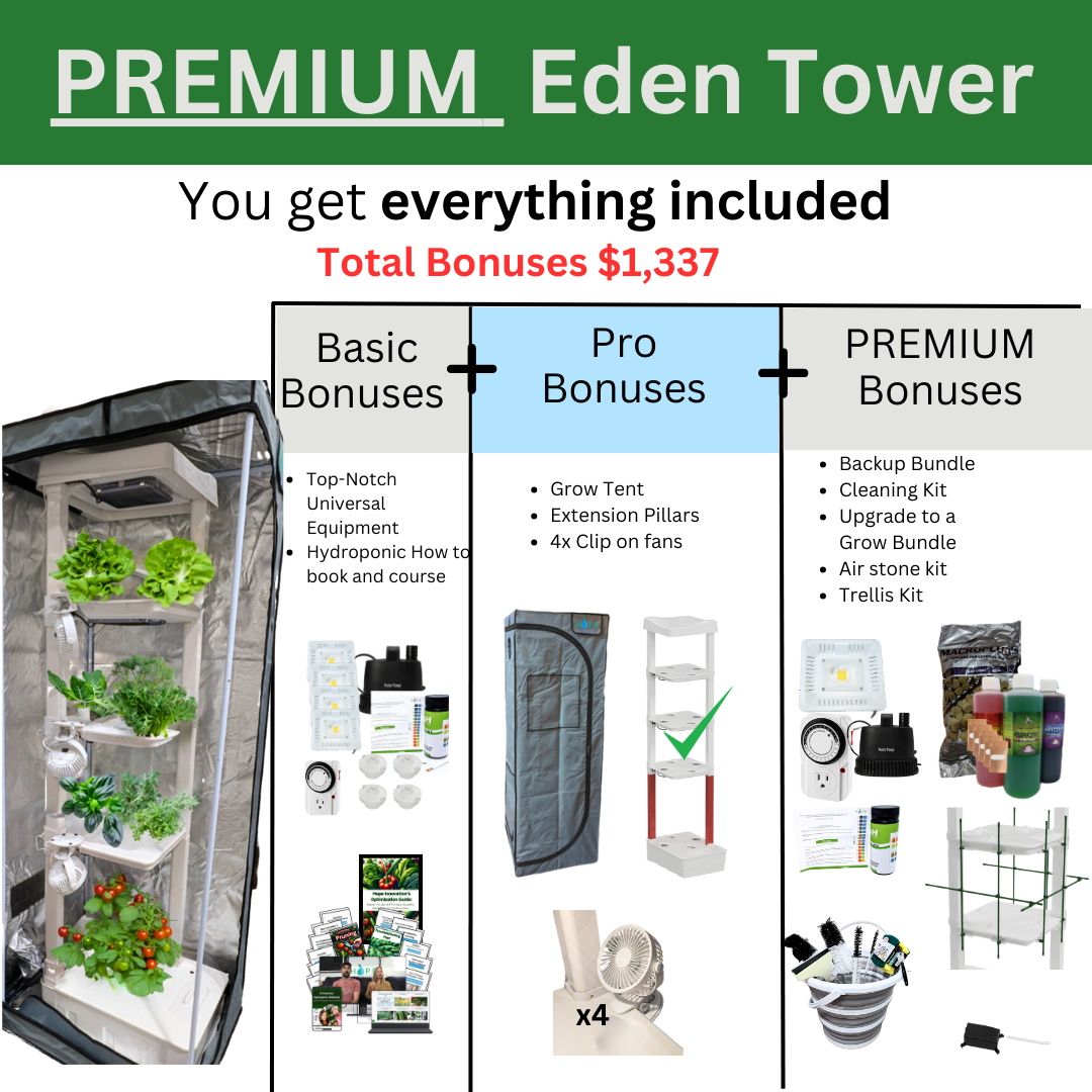 showing everything you get in an premium bundle eden tower hydroponic system. All equipment and supplies plus grow tent, extension pillars, trellis, backup bundle and much more