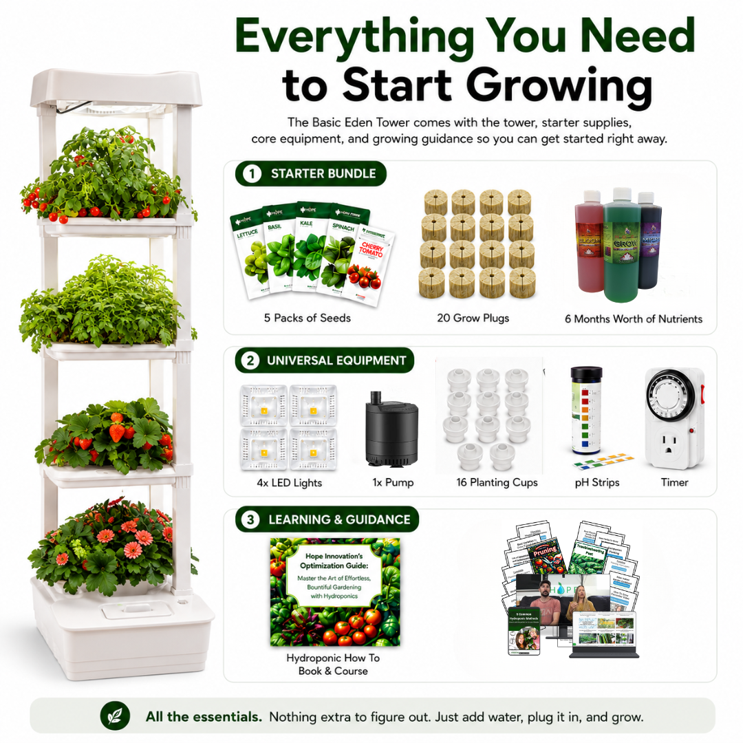 Here is everything that is included in the basic eden tower by hope innovations kit. Starter bundle seeds, plugs and nutrients. All equipment lights, pumps, timer, pH strips and learning and guidence