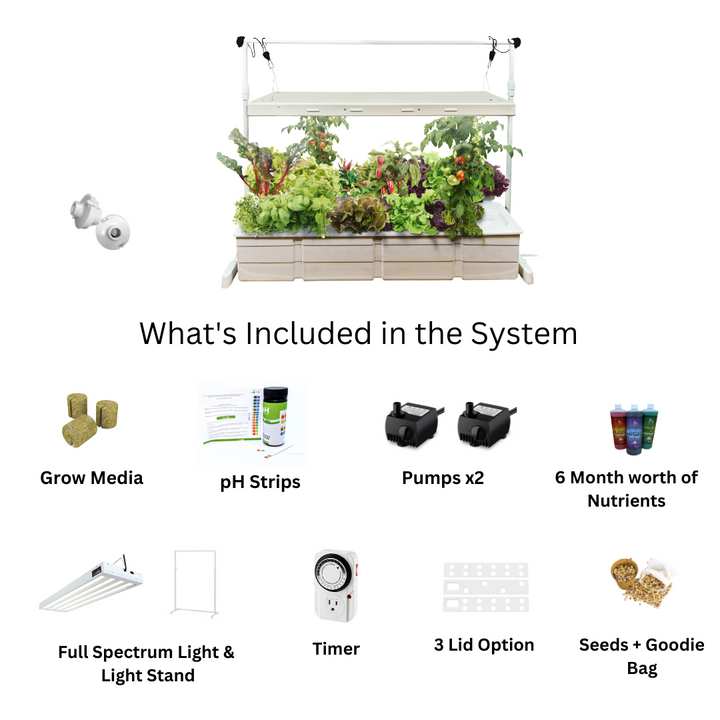 Eden Garden by Hope Innovations showing included parts: Rockwool media, pH strips, 2 pumps, 6 months of nutrients, full spectrum grow light with stand, timer, 3 lid options, and seeds